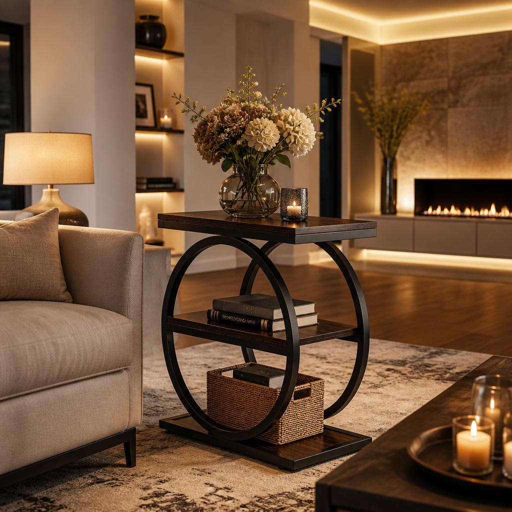 Narrow Industrial Wood Side Table in a styled interior — view 2