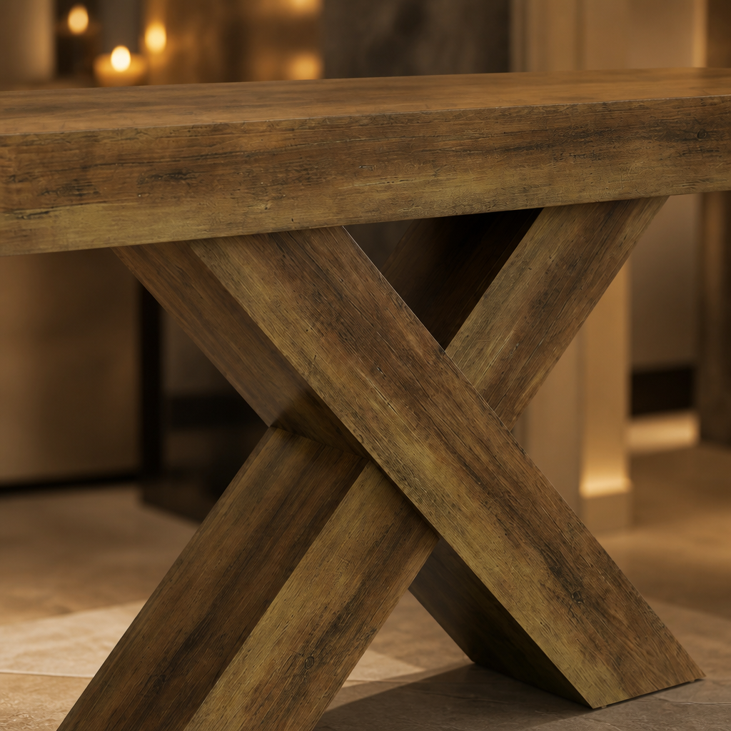 Wood console interlocking X-base detail