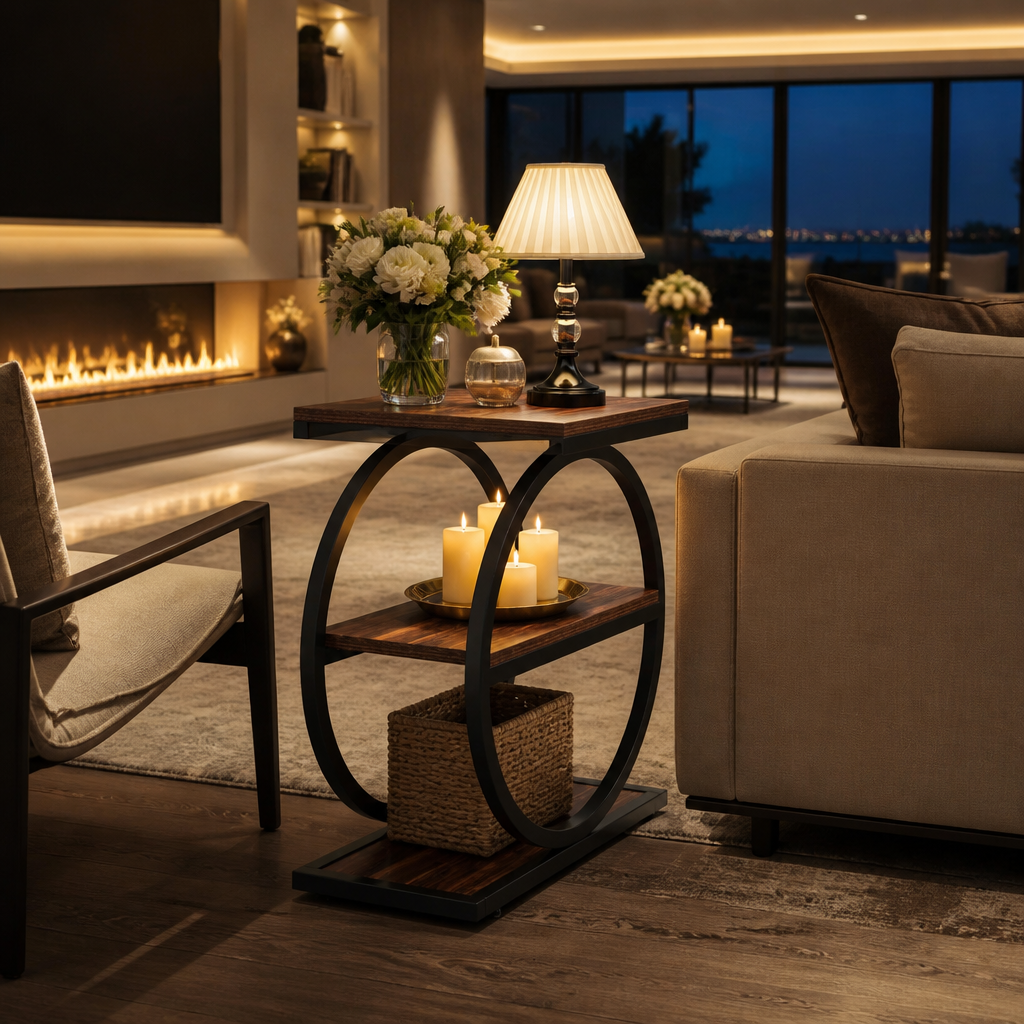 Narrow Industrial Wood Side Table in a styled interior — view 3