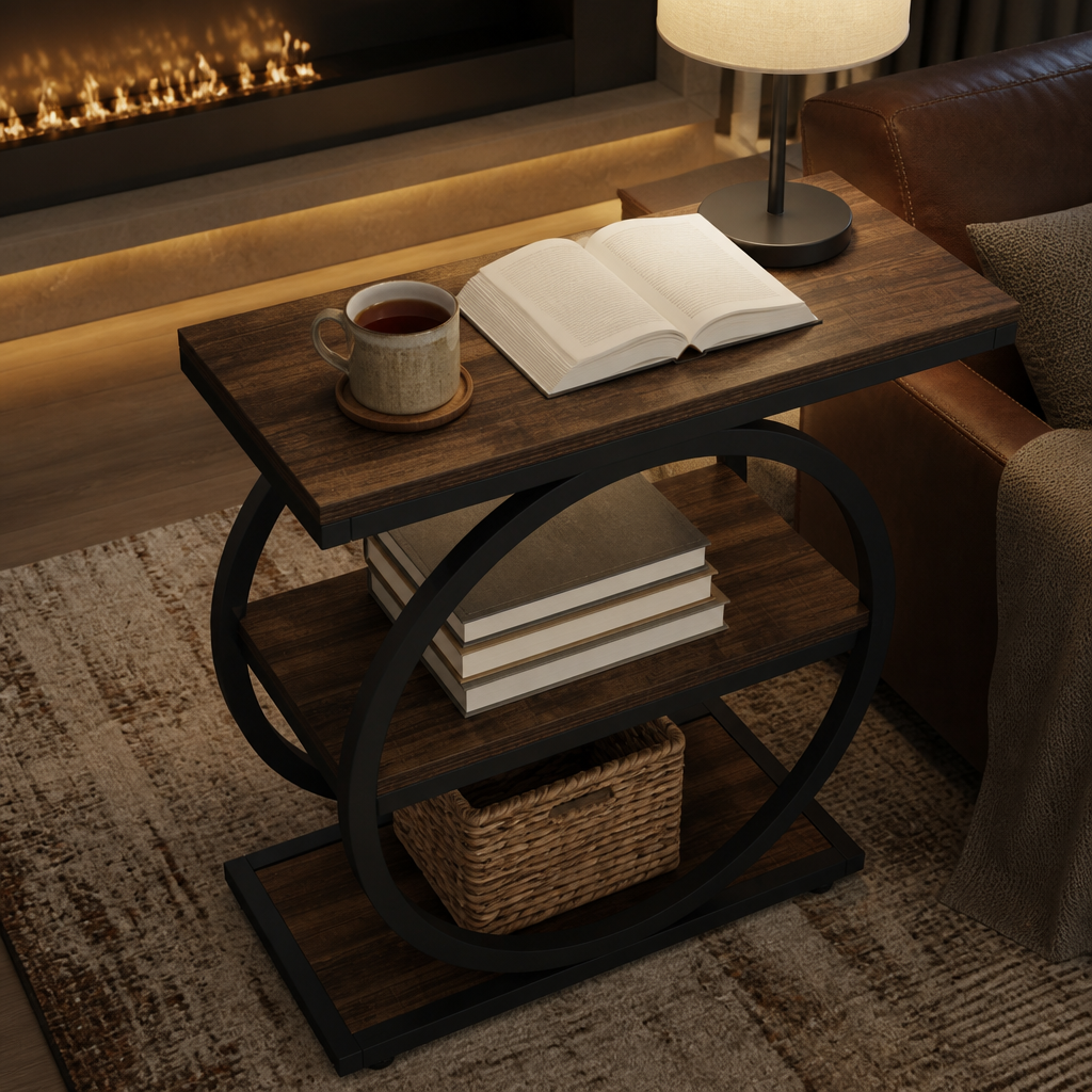 Narrow Industrial Wood Side Table in a styled interior — view 4