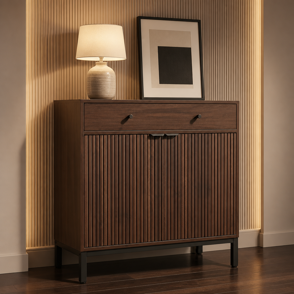 Modern walnut sideboard with fluted doors in a warm luxury interior