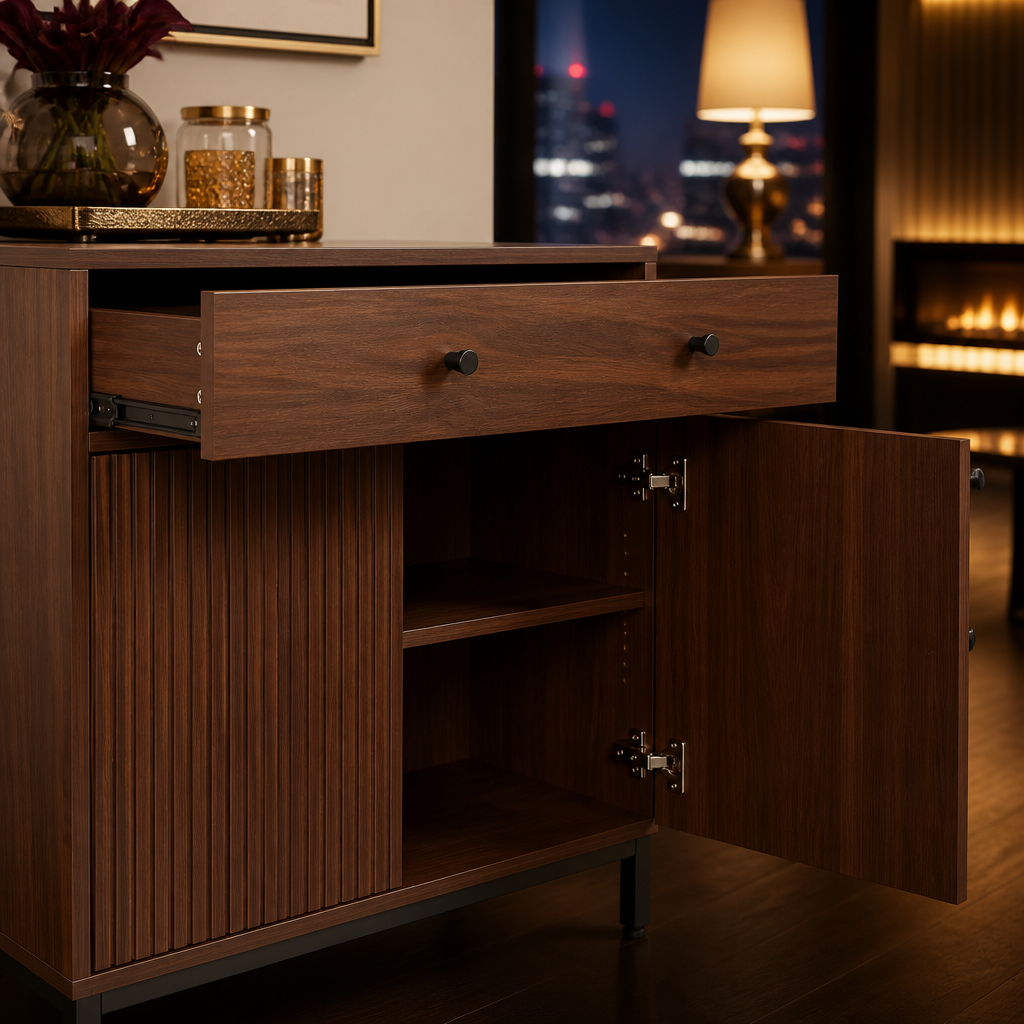 Modern walnut sideboard with open drawer and cabinet storage