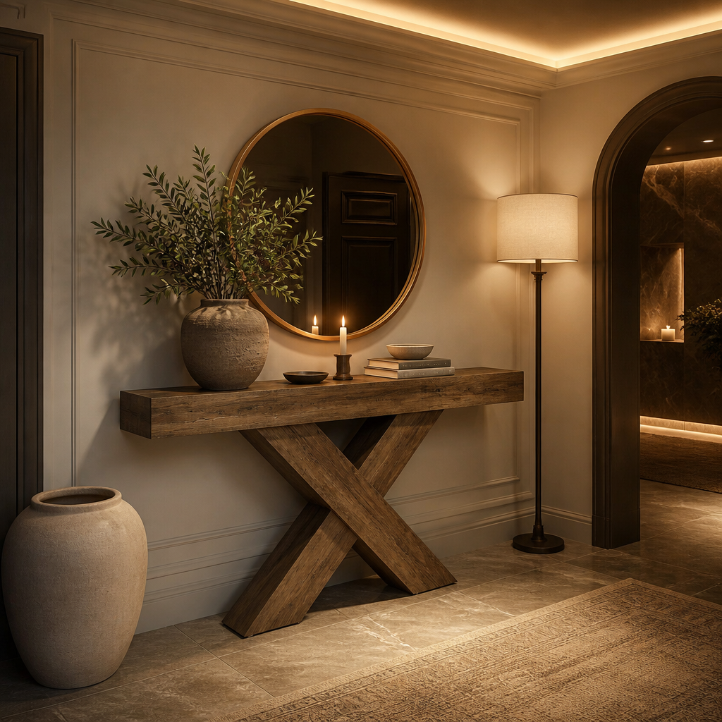 Farmhouse console table spa foyer lifestyle