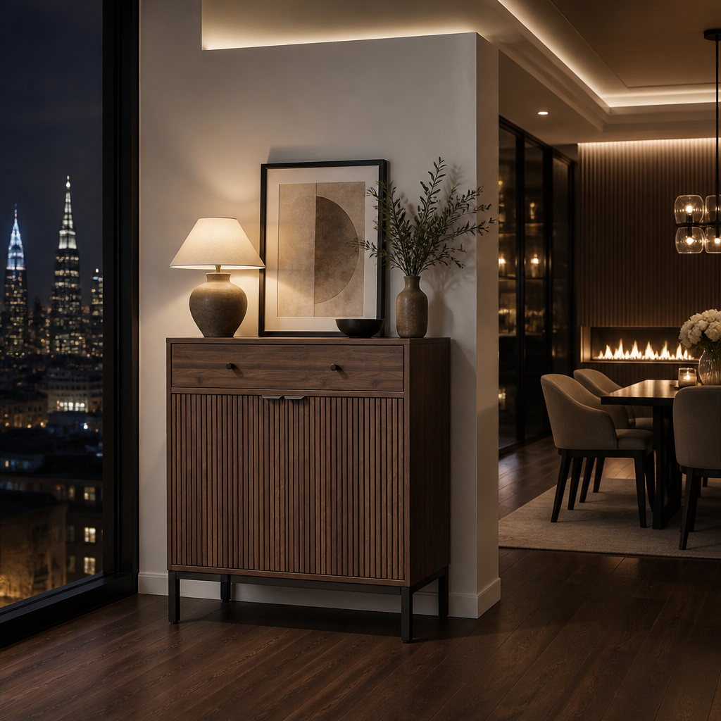 Modern walnut sideboard in a refined evening dining space