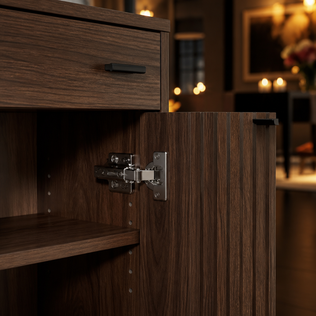 Close detail of walnut sideboard drawer and door hardware