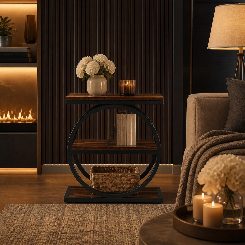 Narrow Industrial Wood Side Table in a styled interior — view 5