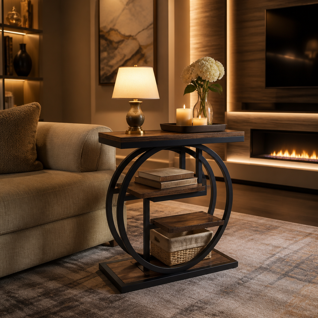 Narrow Industrial Wood Side Table — Brown 02 variant
