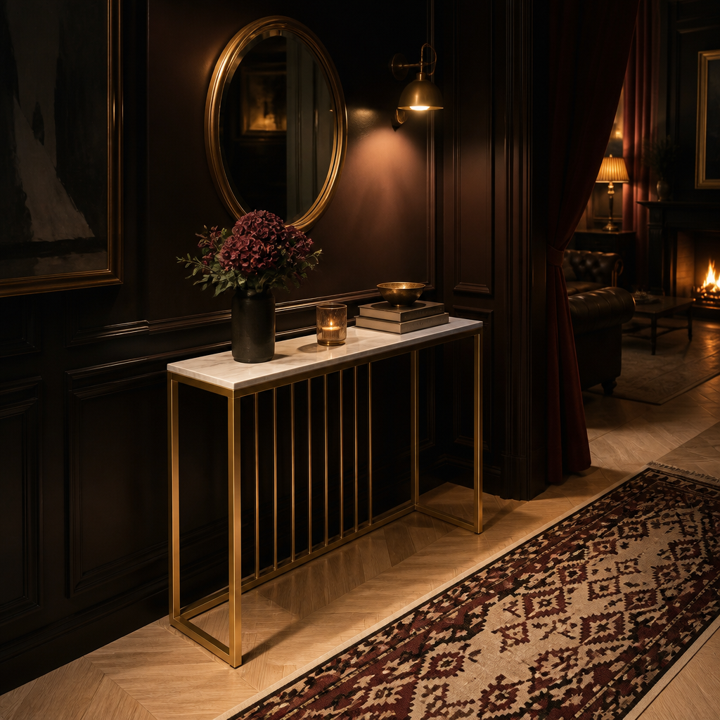 White and gold narrow console hallway lifestyle