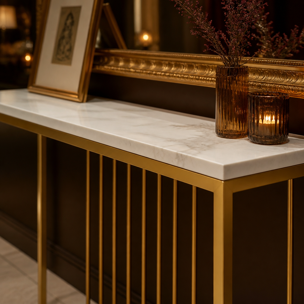 White stone top and gold frame detail