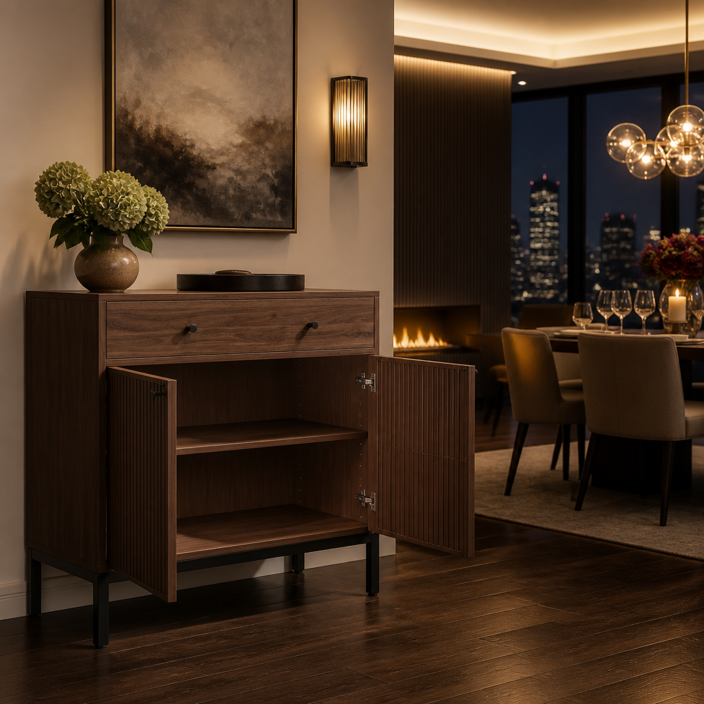 Modern walnut sideboard with open storage in an elegant dining room