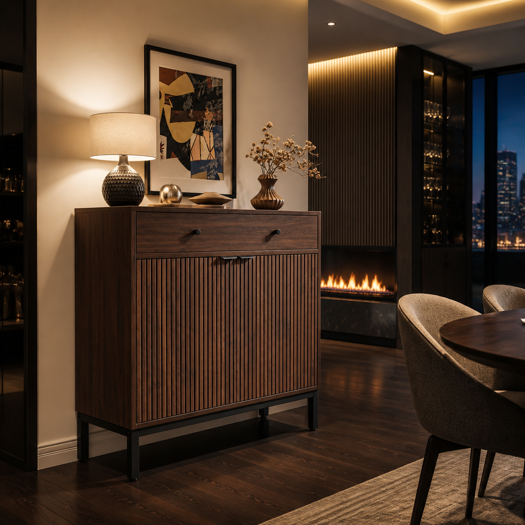 Modern walnut sideboard with fluted doors in an upscale dining room