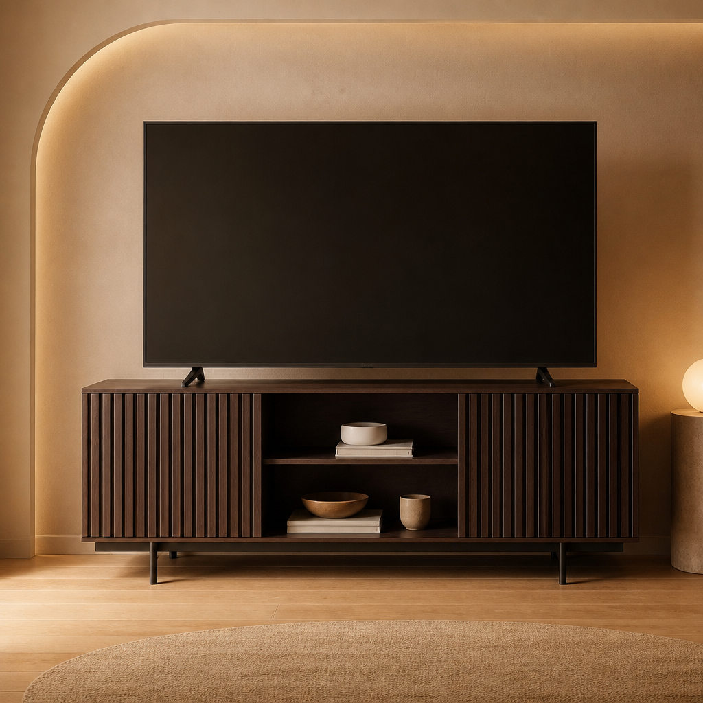 Modern dark walnut TV stand with slatted doors and central shelves