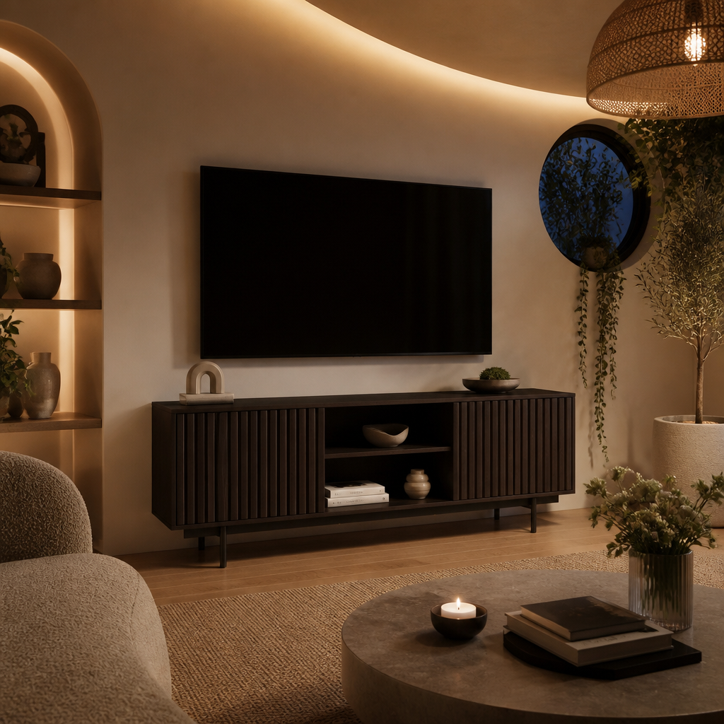 Dark walnut TV stand beneath a wall-mounted television in a curved interior