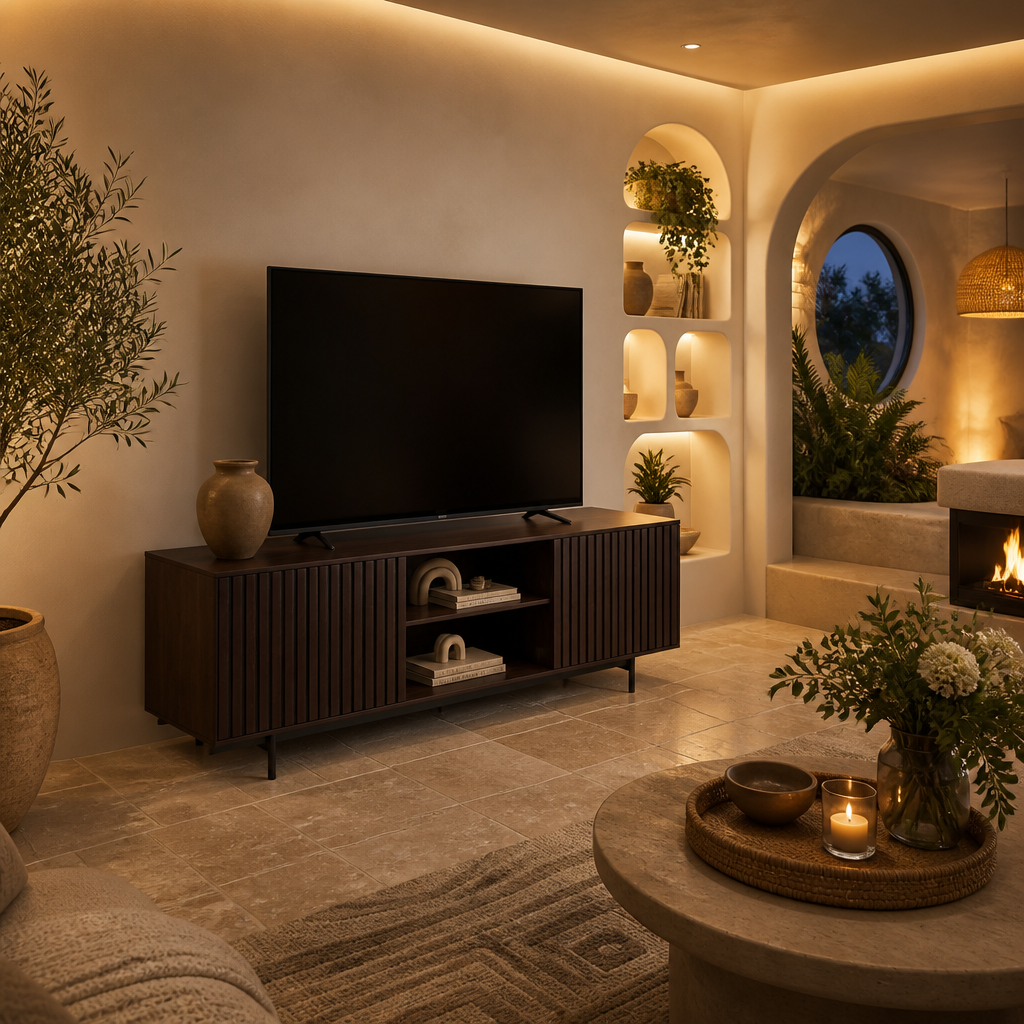 Modern walnut media console in a warm sculptural living room
