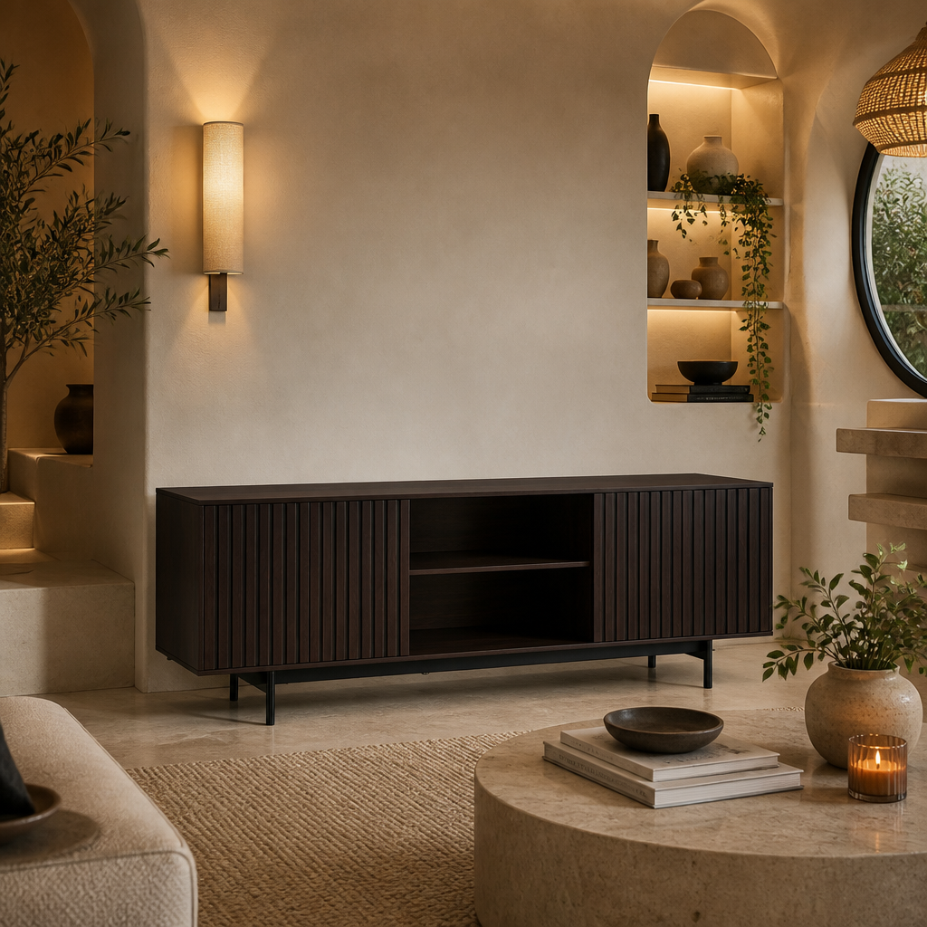 Dark walnut TV stand with open central shelving in a bright neutral interior