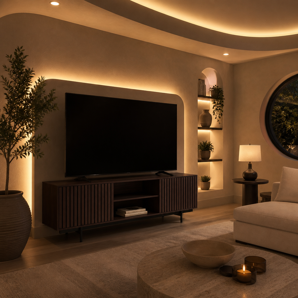 Modern walnut TV console in a warm contemporary lounge