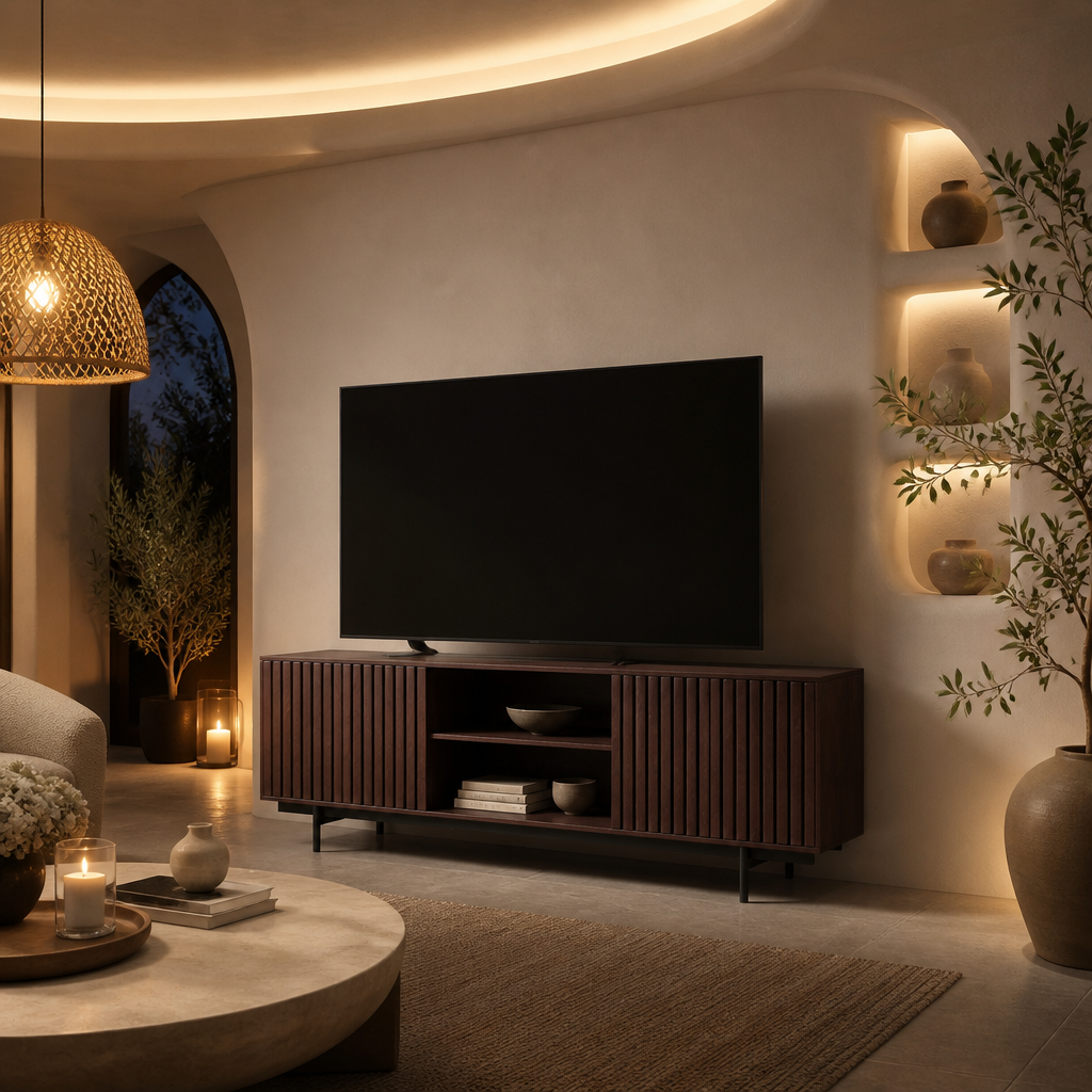 Dark walnut TV stand with slatted doors in a sculptural living room
