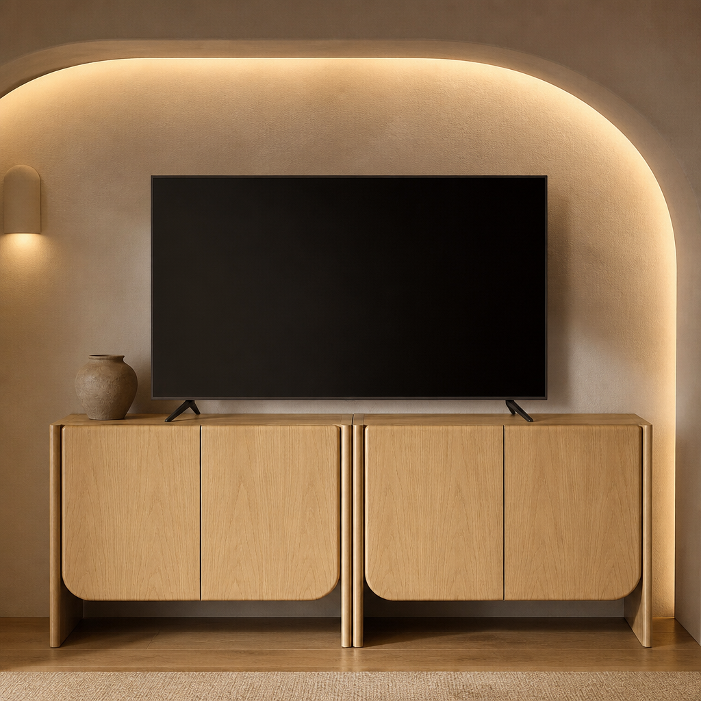 Nathan Mid-Century Wood TV Stand in a styled interior — hero view