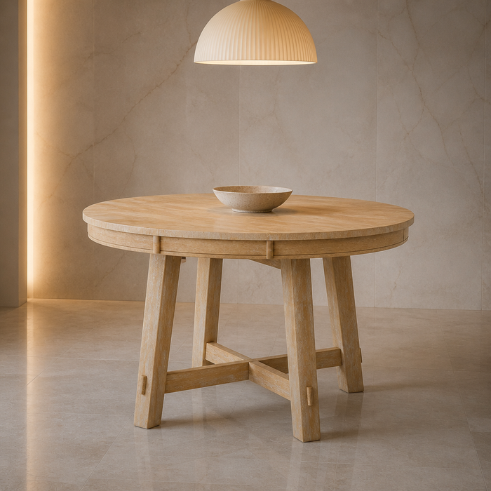 Natural solid wood extending dining table in a marble dining room