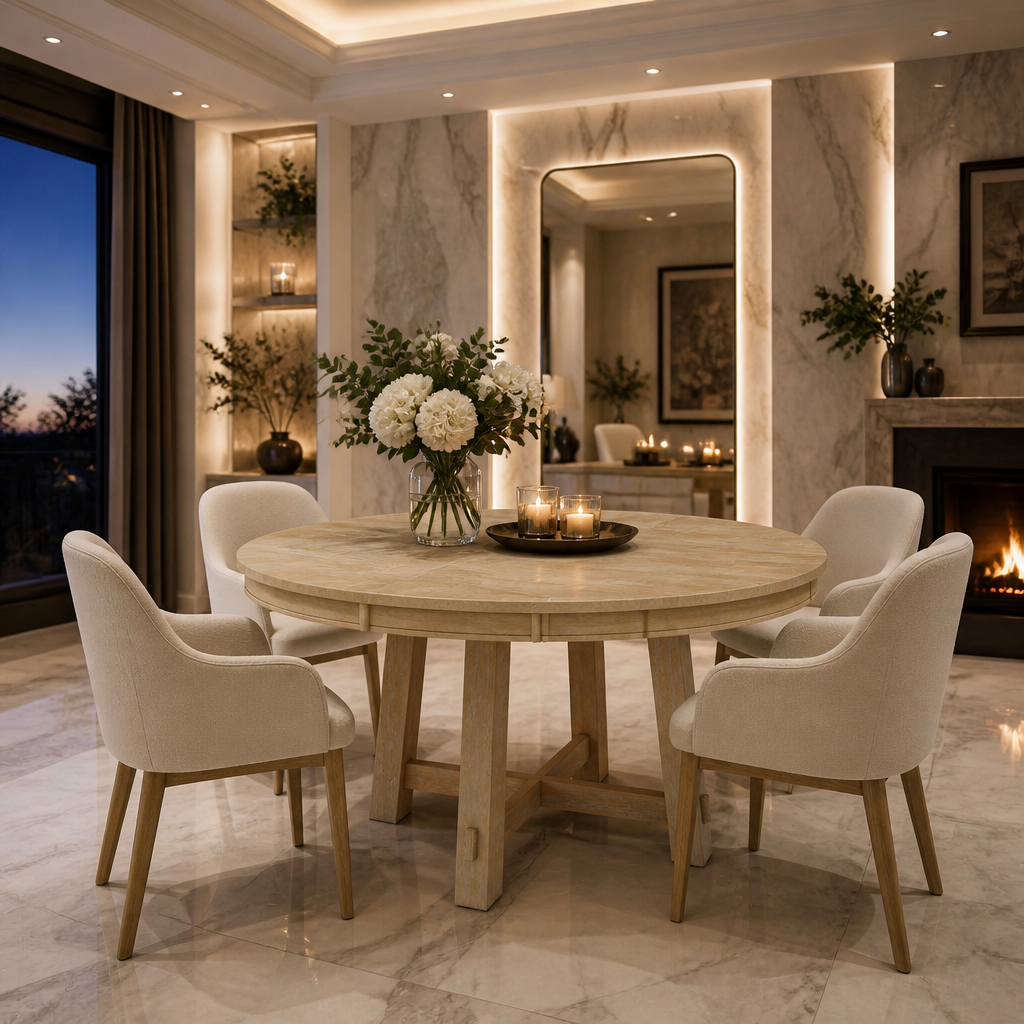 Natural wood dining table in a bright marble dining room