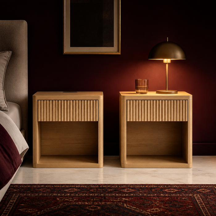 Pair of natural fluted wood nightstands in a luxury bedroom