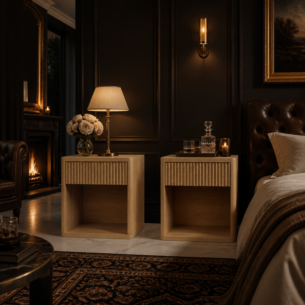 Two-piece natural fluted nightstand set in a dark bedroom