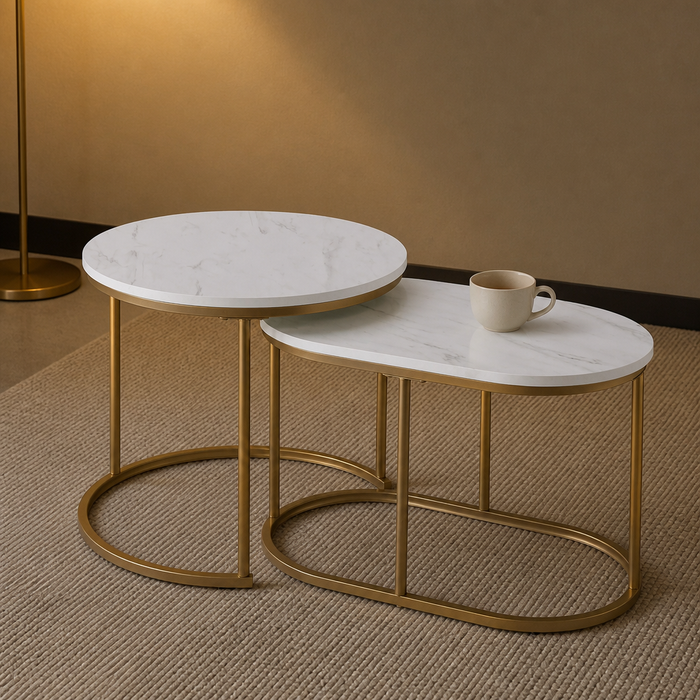Two-piece white marble-look nesting coffee table set