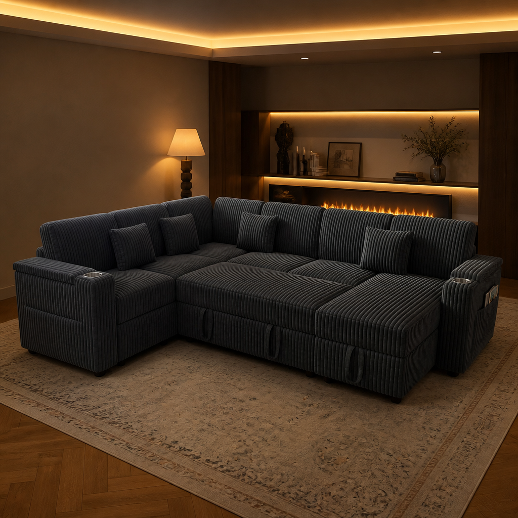 Pull-Out Corduroy Sleeper Sofa lifestyle view 1