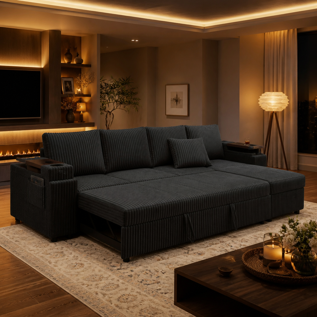 Pull-Out Corduroy Sleeper Sofa lifestyle view 2