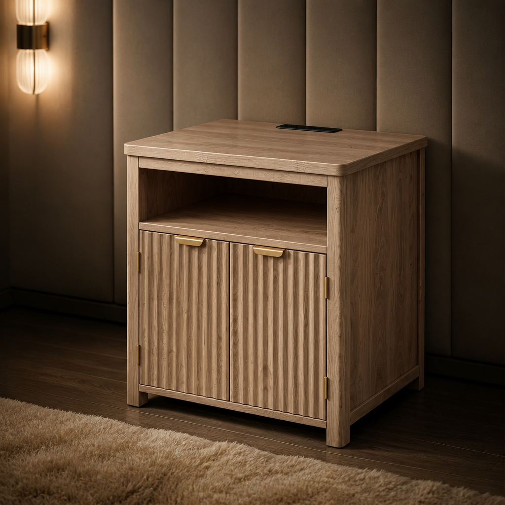 Oak farmhouse nightstand with open shelf and fluted doors
