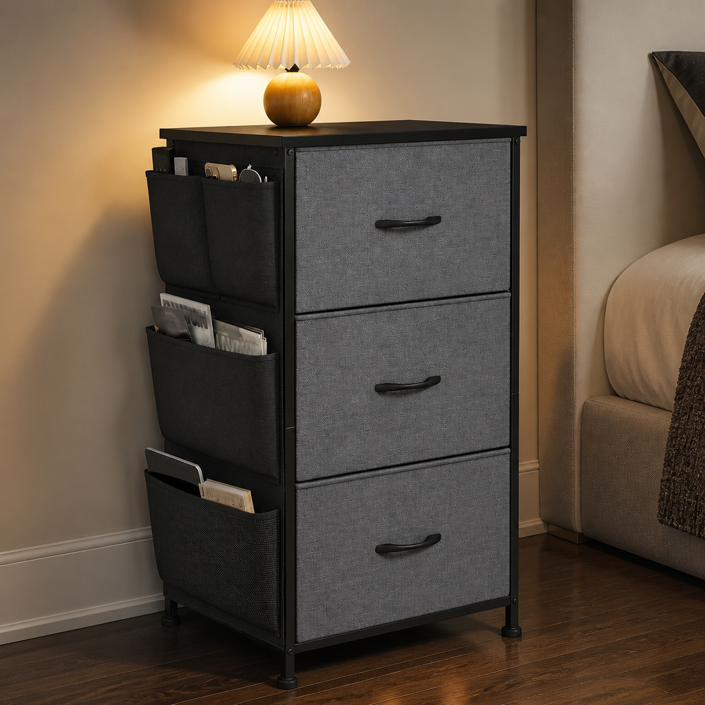 Grey three-drawer fabric nightstand with side pockets