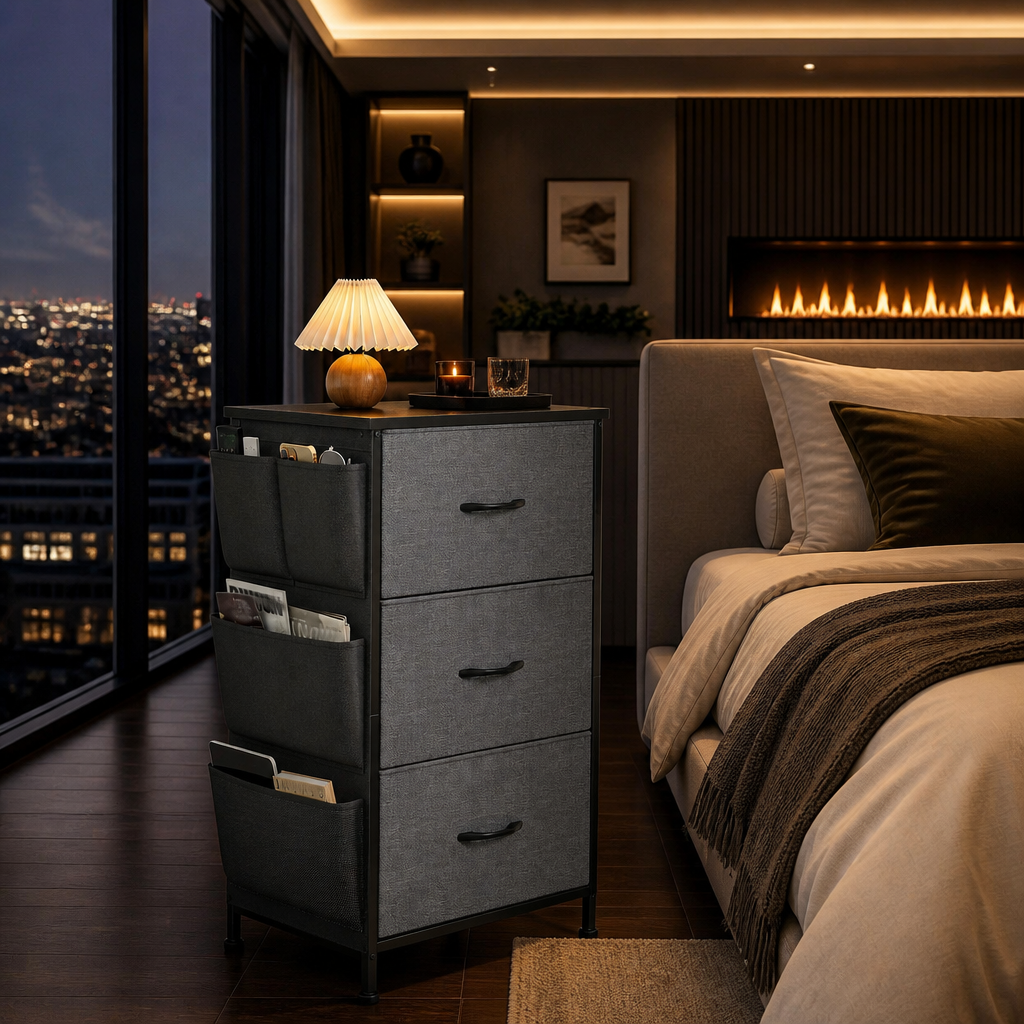 Grey three-drawer nightstand variant beside a bed