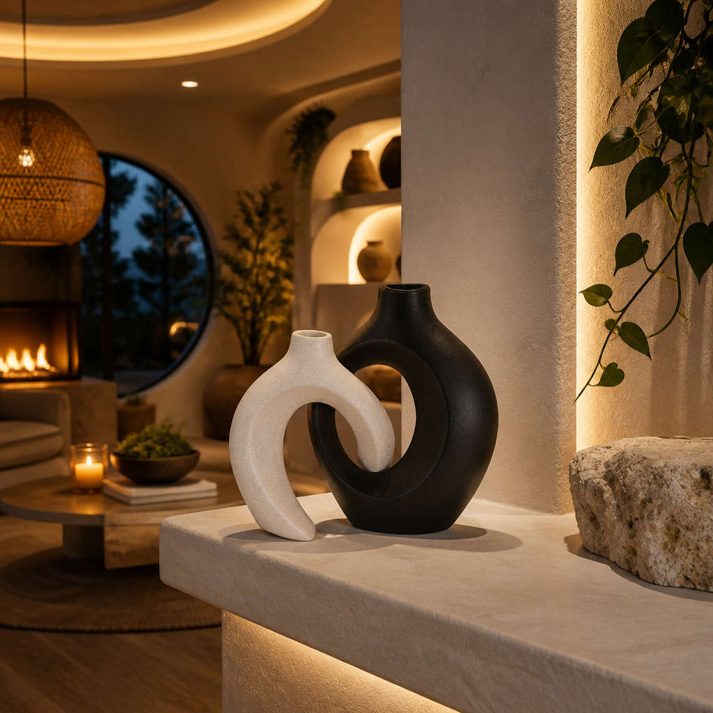 Black and off-white interlocking vase set on a stone shelf