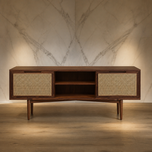 Walnut rattan TV stand with two sliding doors