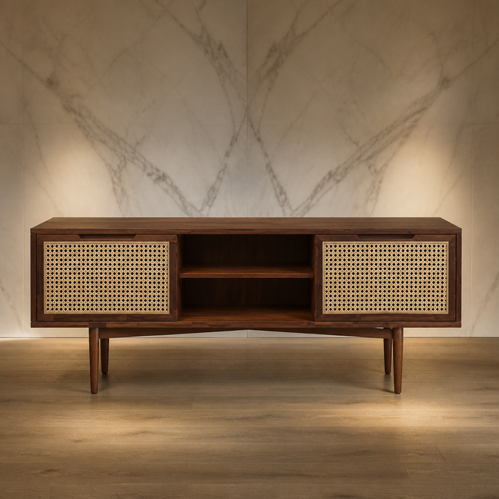 Walnut rattan TV stand with two sliding doors