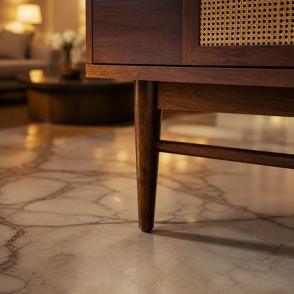 Detail of a solid wood TV stand leg and support rail