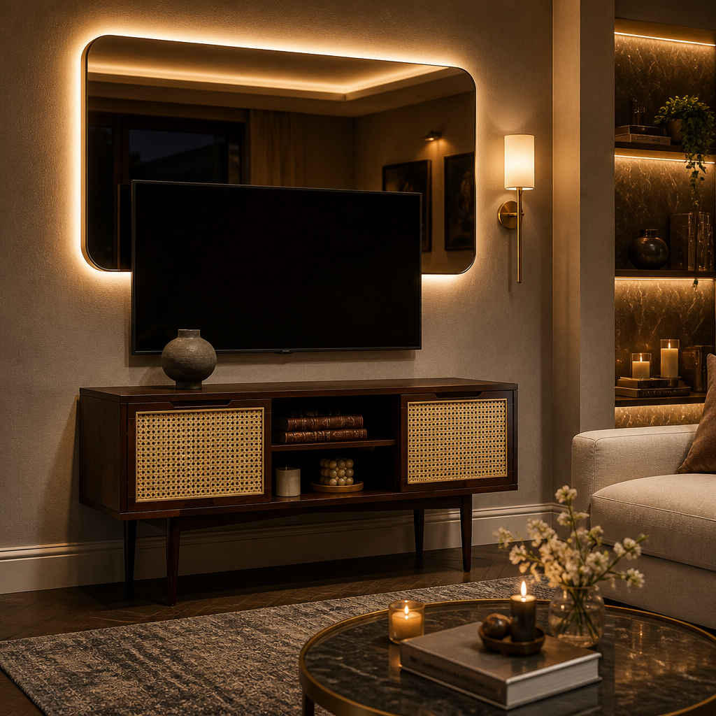 Walnut rattan media console beneath a television