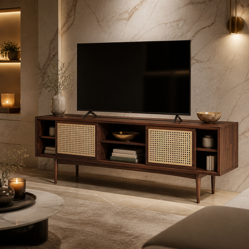 Walnut TV stand with sliding cane doors partly open