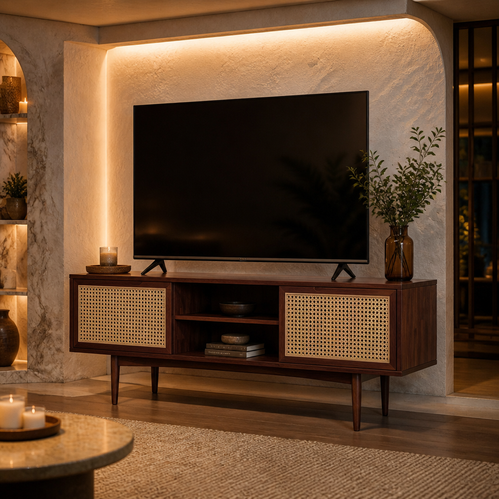 Walnut rattan TV stand variant in a marble lounge