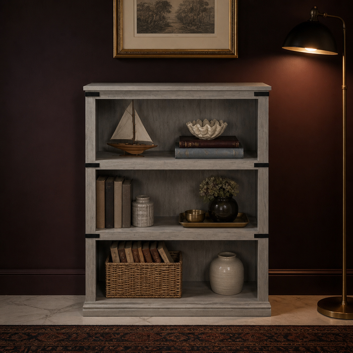 Grey-washed farmhouse bookshelf with three open bays