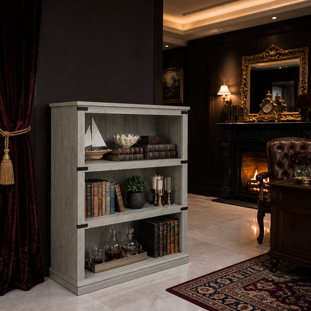 Grey farmhouse bookcase at a three-quarter angle