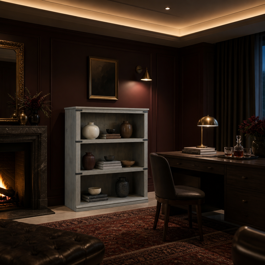 Open grey bookshelf in an elegant home office