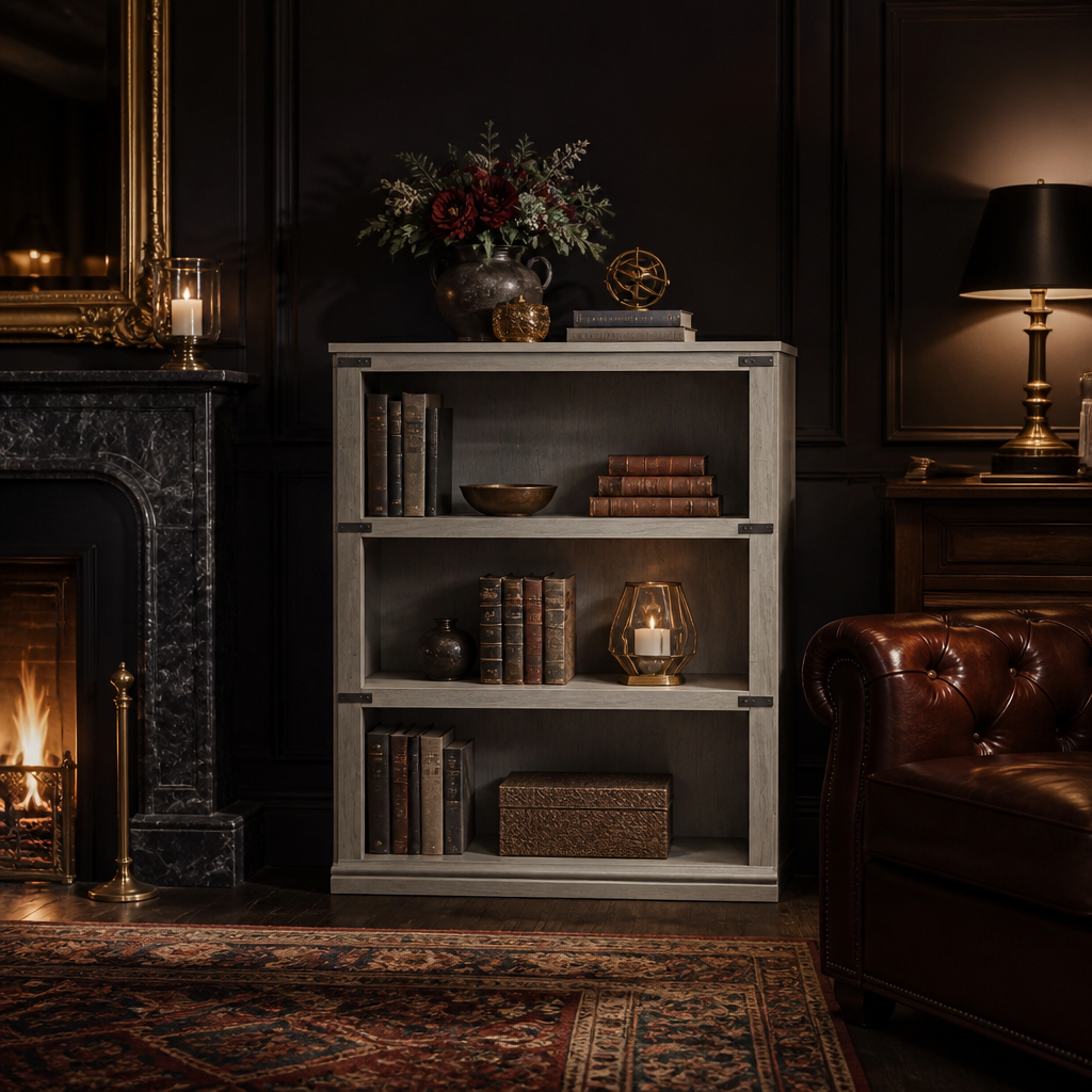 Single farmhouse bookshelf beside a fireplace