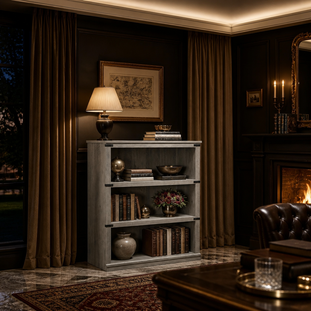 Grey-washed three-shelf bookcase between drapery