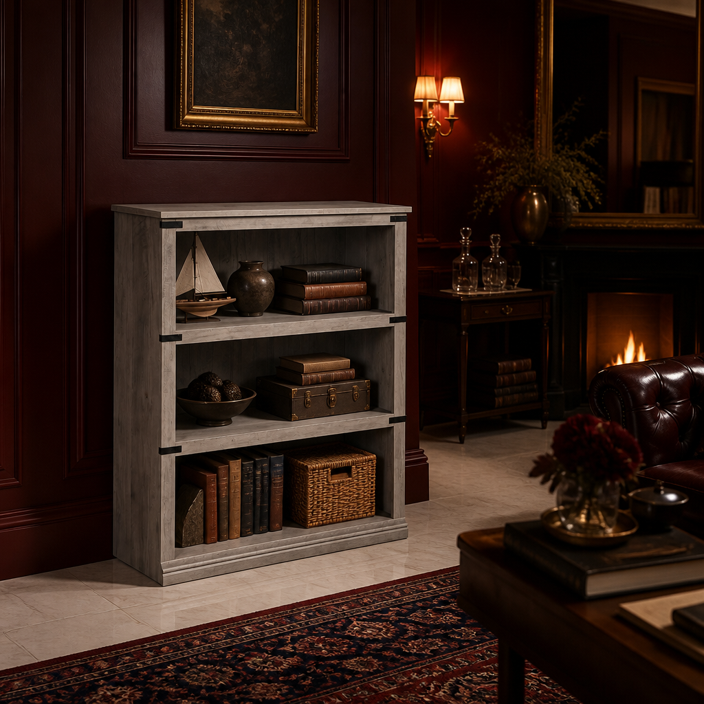 Grey farmhouse bookshelf variant in a dark interior